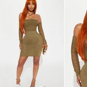 Mesh Ruched Off-Shoulder Long Sleeve Dress